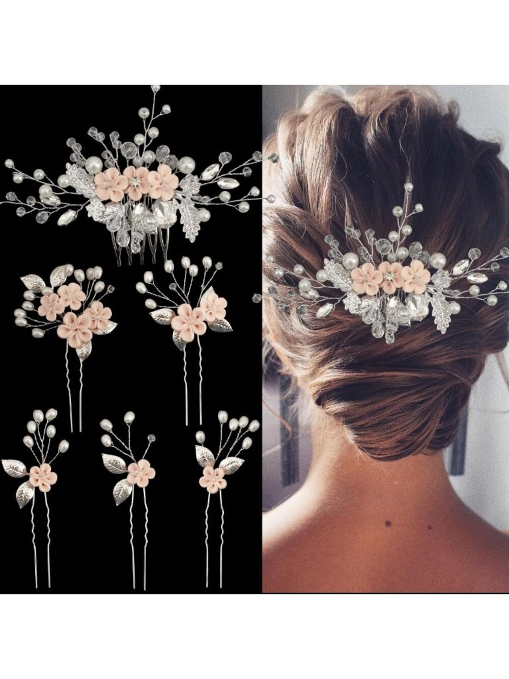 Women's Pink Rhinestone Crystal Bridesmaids Modern Pearl Hair Clips